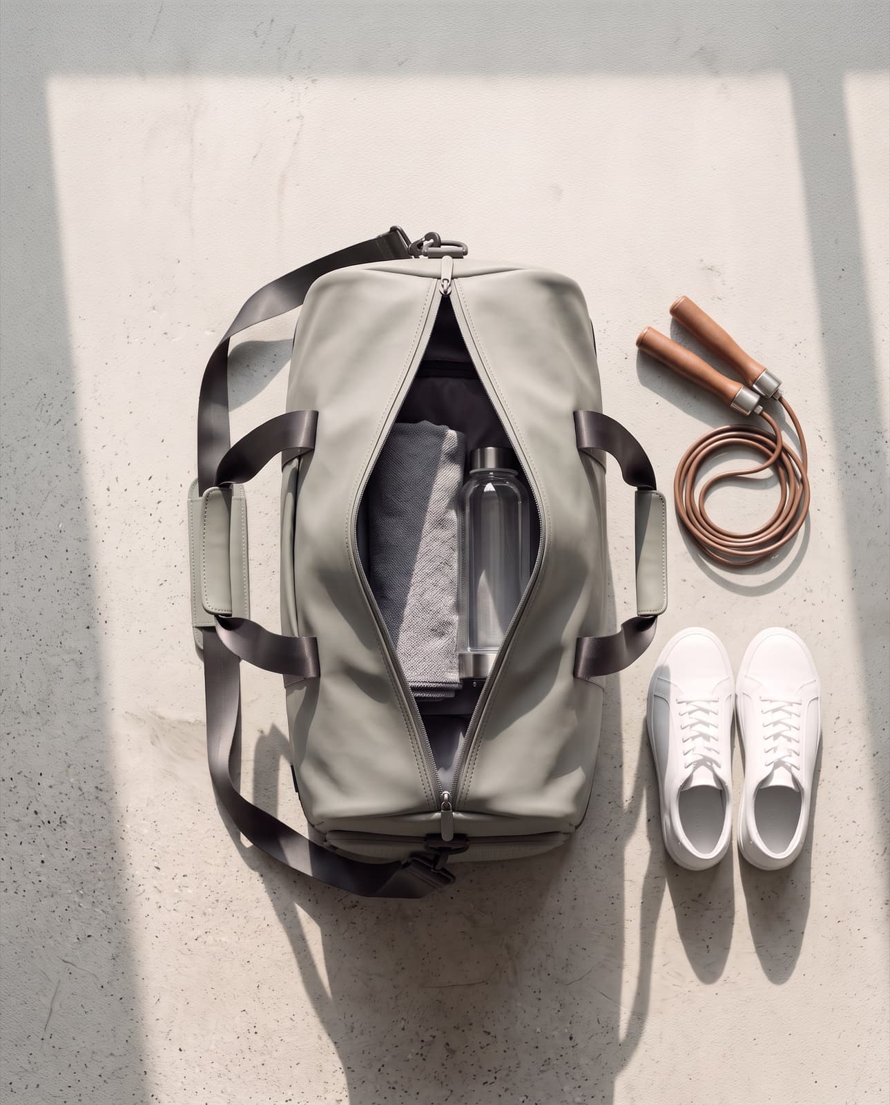 A duffel packed and standing on a gym floor before a session