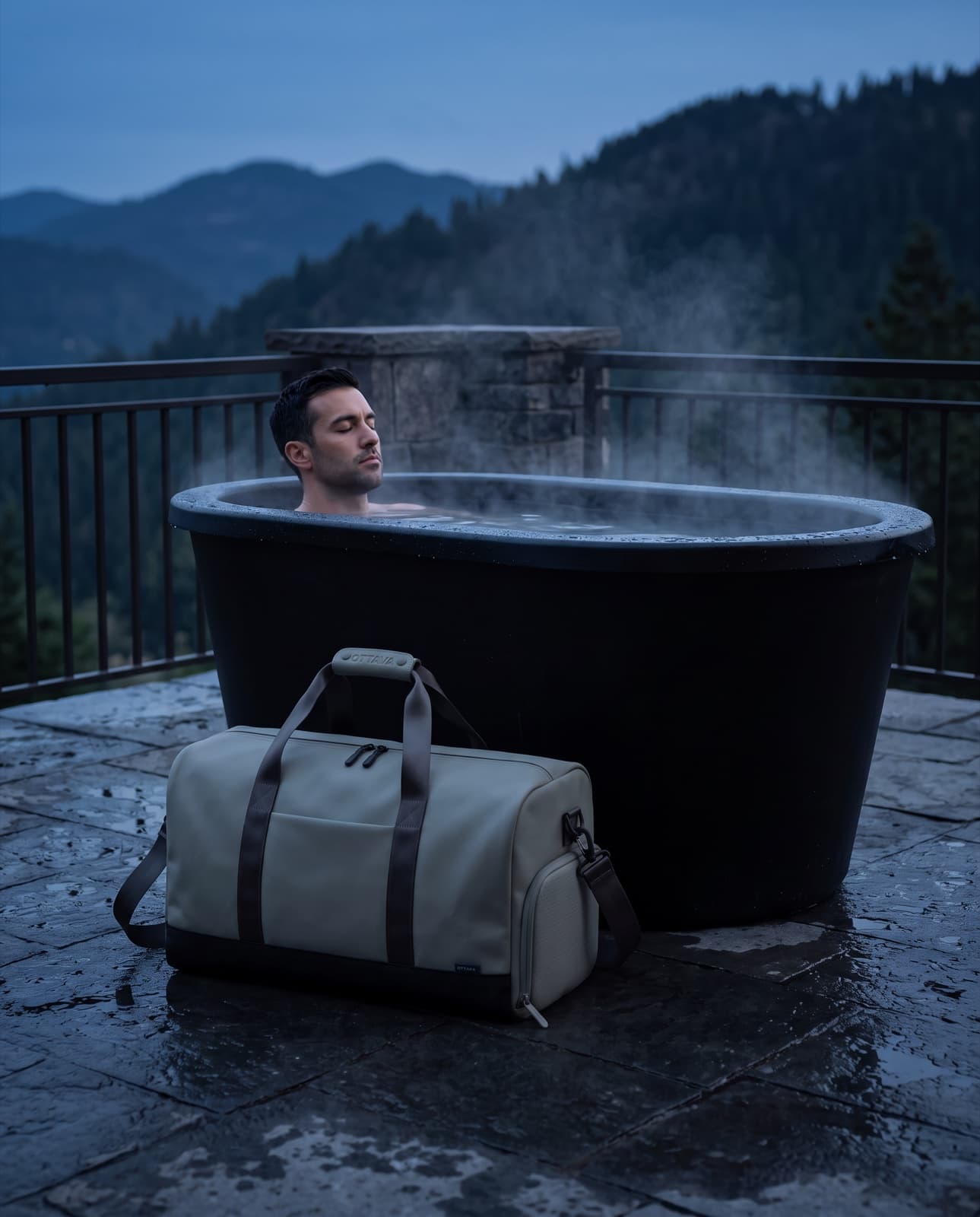 Duffel 40 beside an outdoor cold plunge at dusk