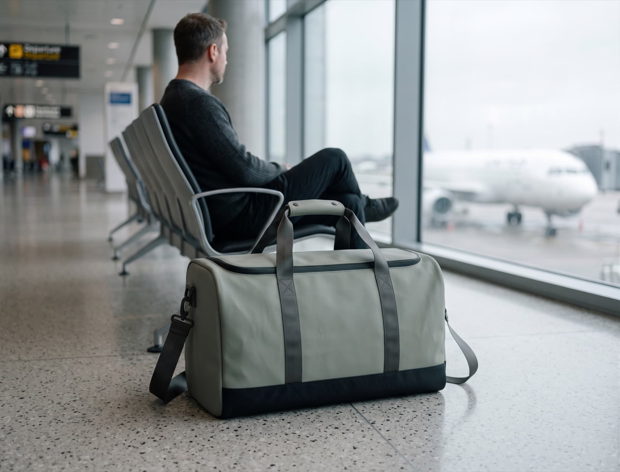 Waiting at a departure gate, bag at the feet