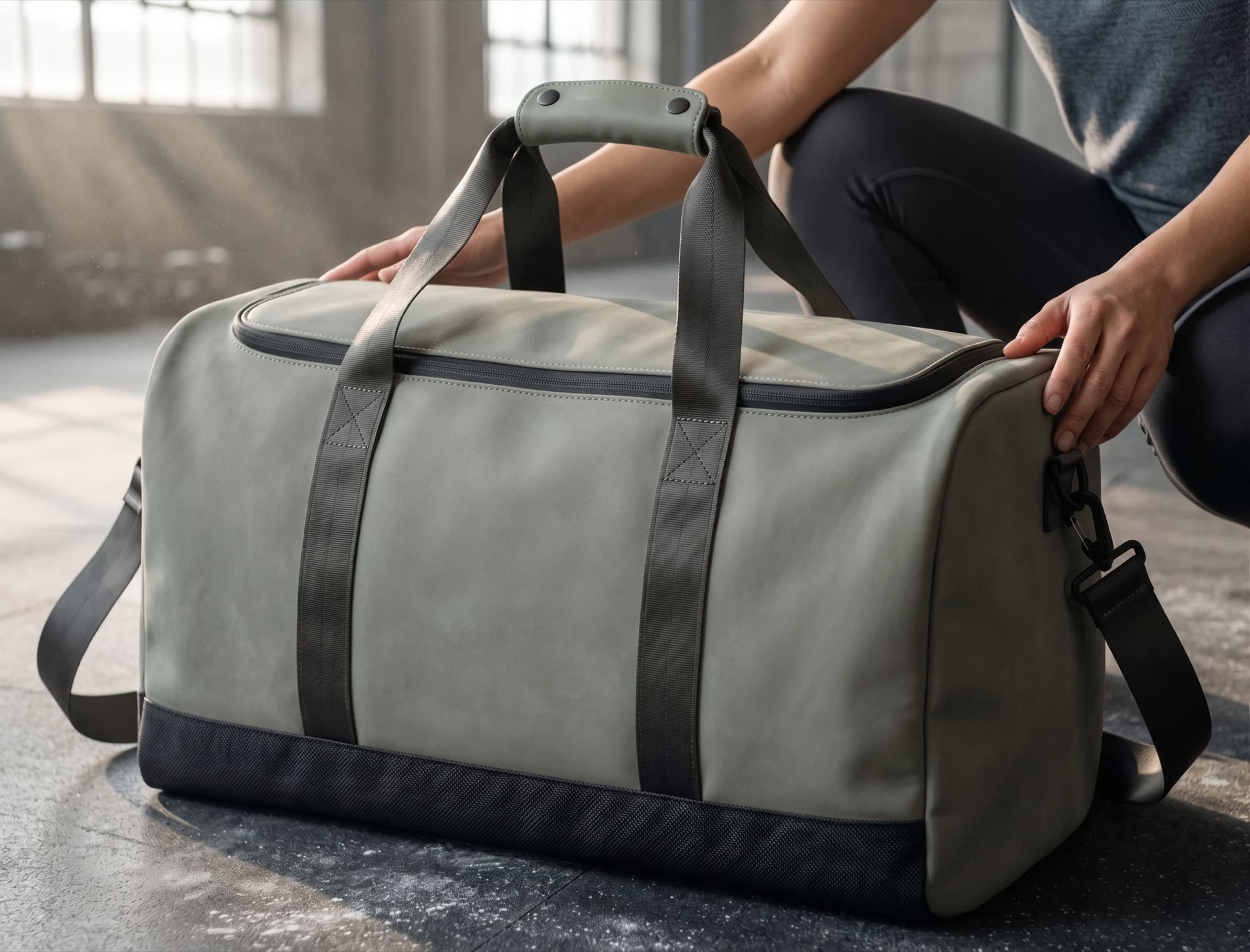 Setting the duffel down on a chalked gym floor at first light