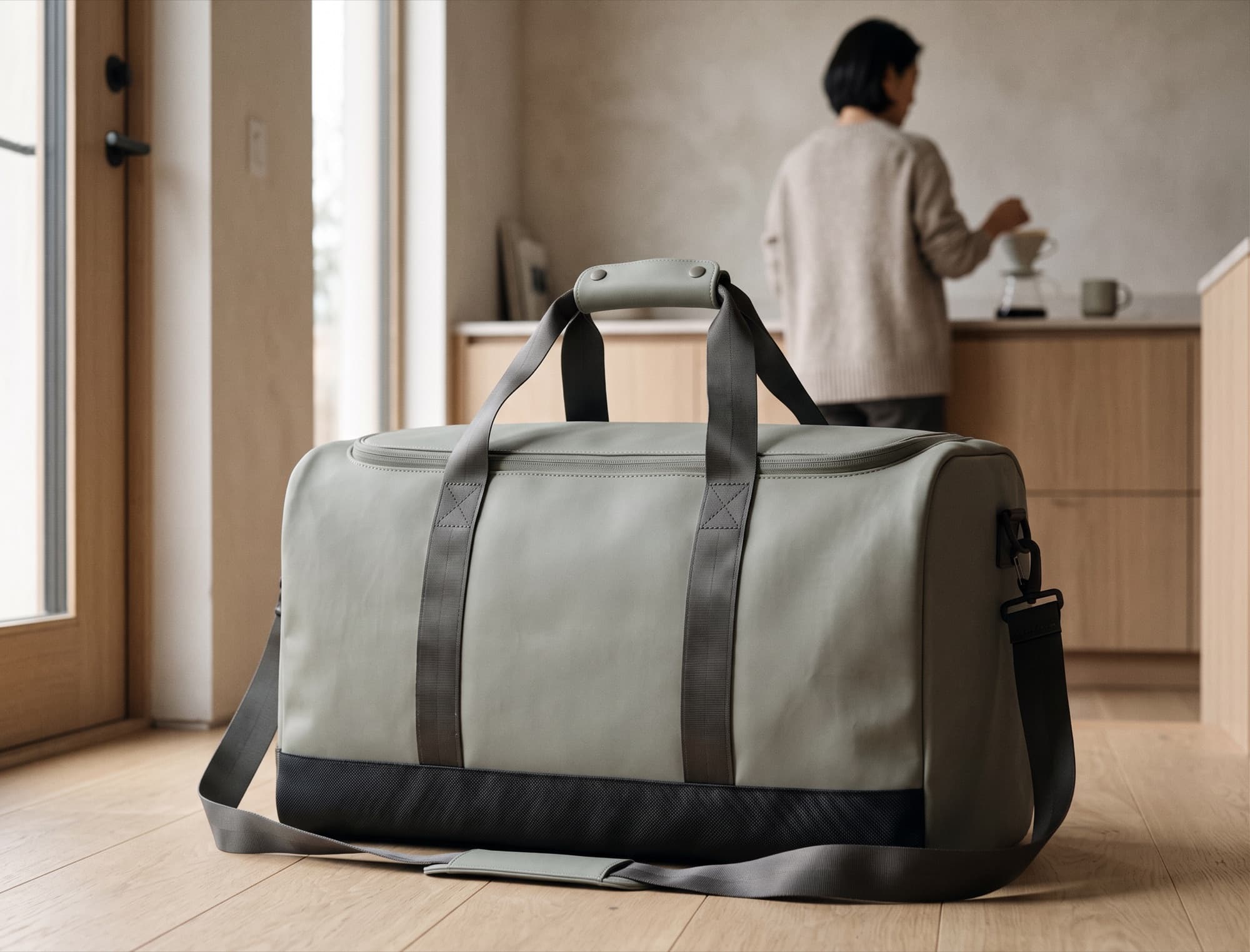 Packed and waiting by the door of a quiet kitchen