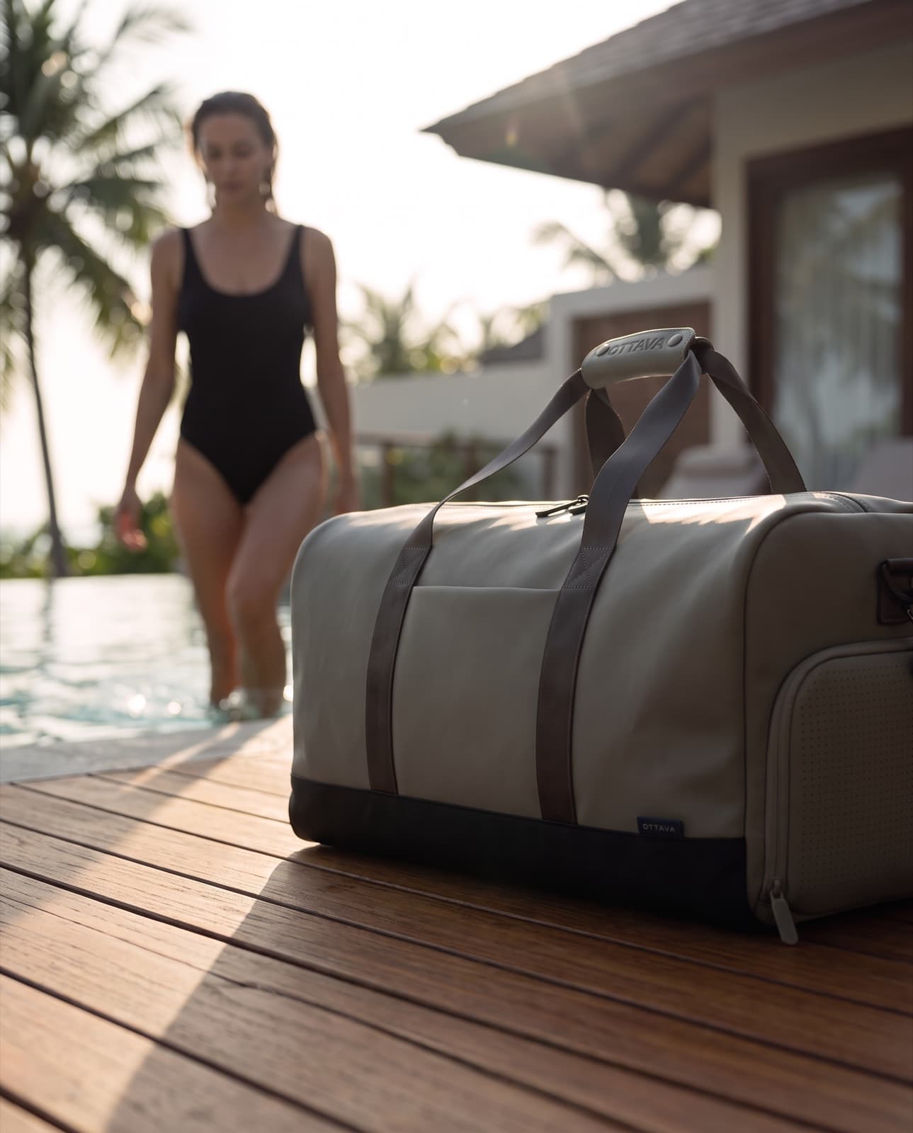 Duffel 40 on a pool deck at dusk