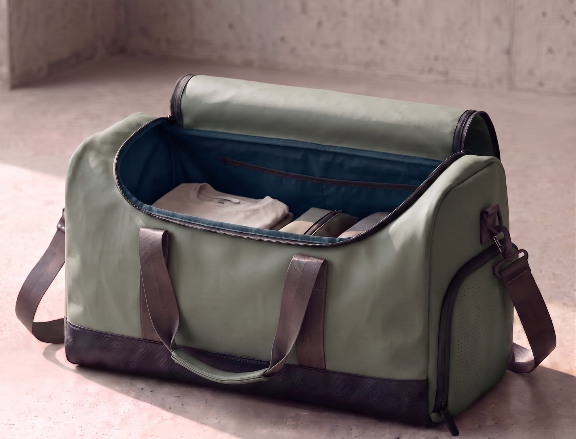The top-opening lid, zip set inside the top panel