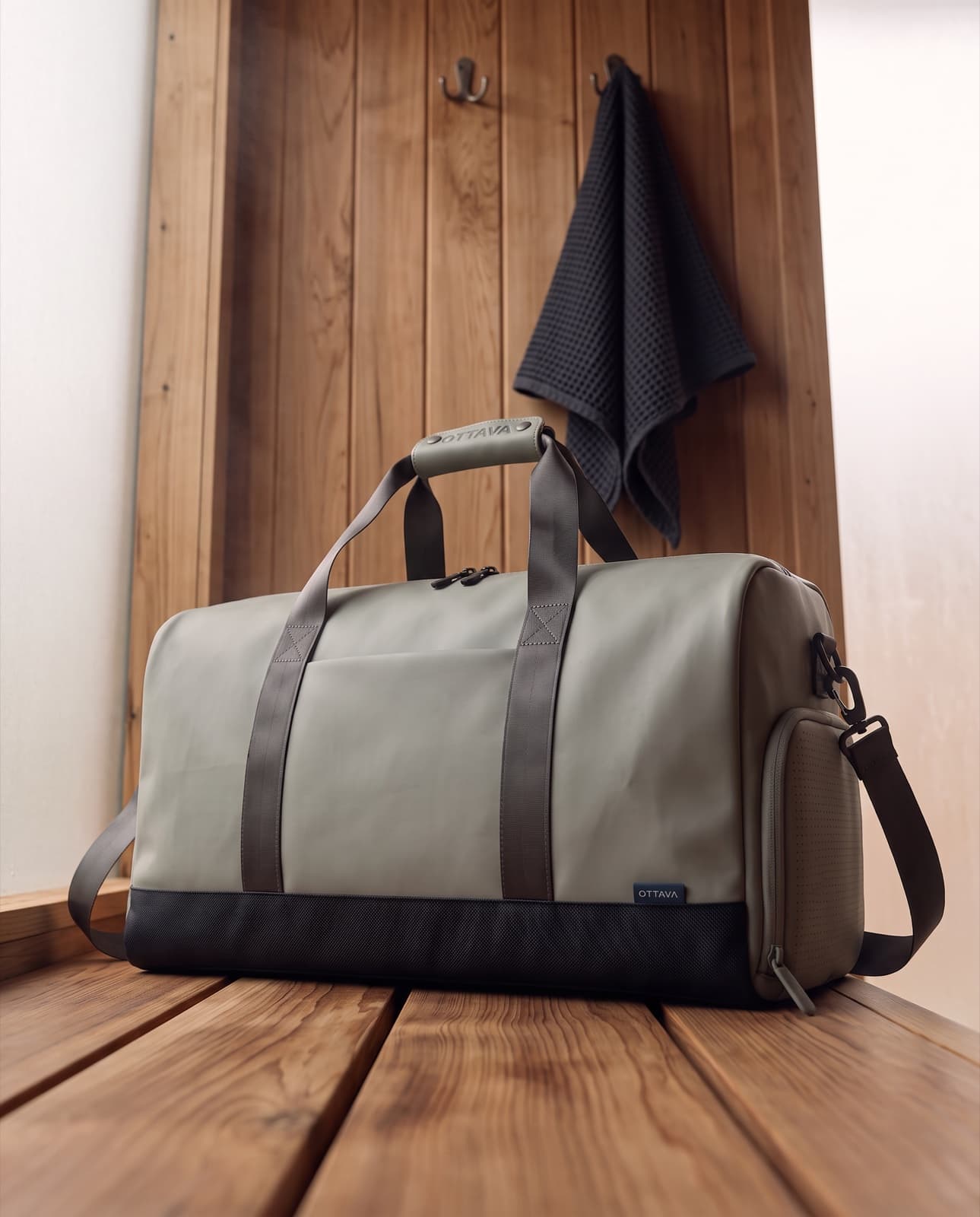 Towel on a sauna hook beside the Duffel 40