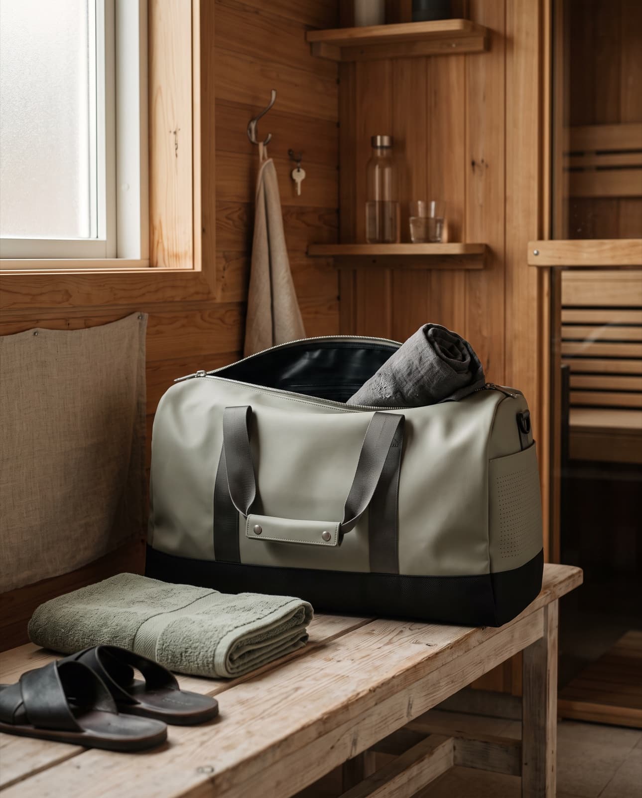 Duffel 40 on a wooden sauna bench, towel on a hook behind