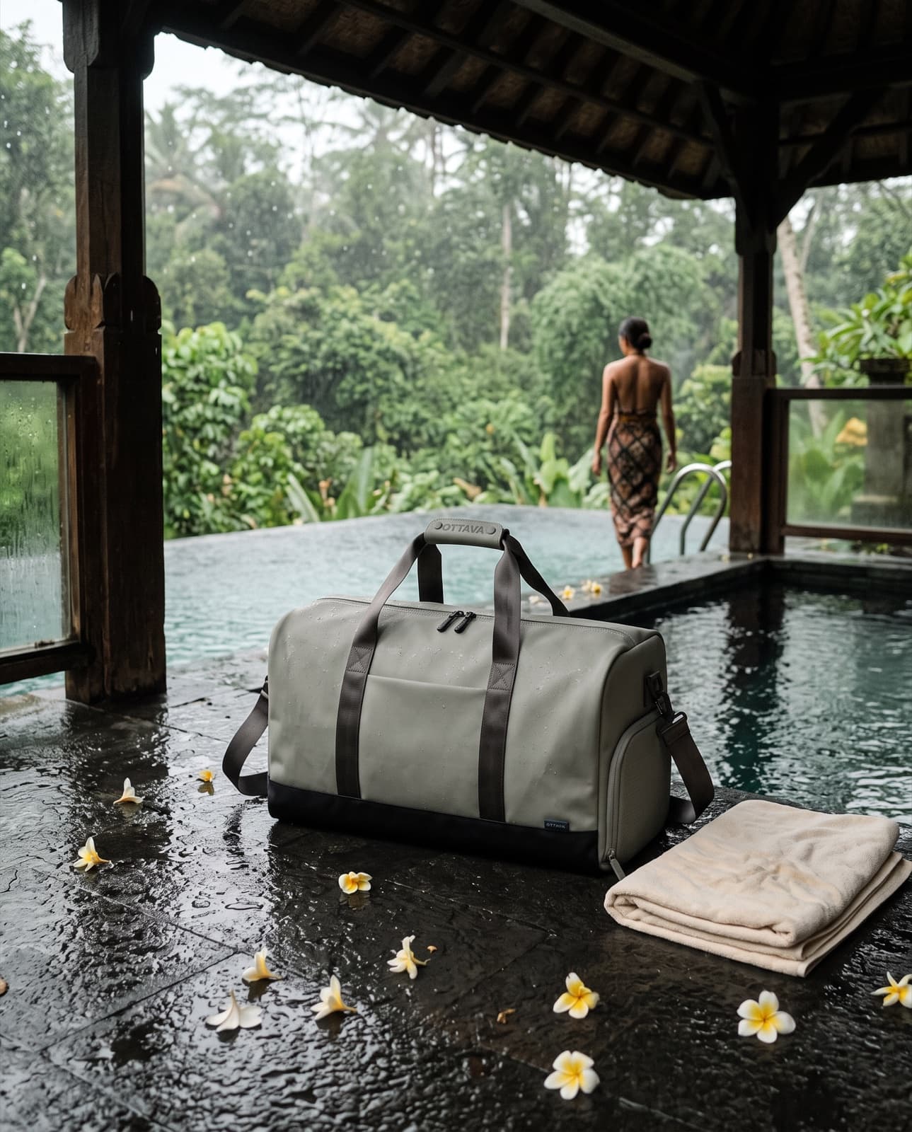 Duffel 40 on a wet stone deck at a Bali jungle spa villa