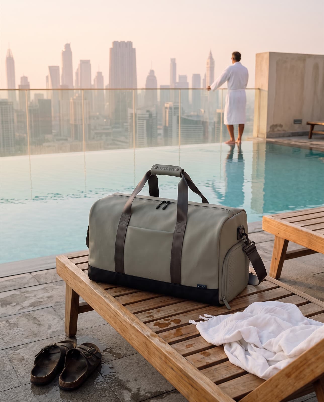 Duffel 40 on a teak lounger at a Dubai rooftop infinity pool at sunrise