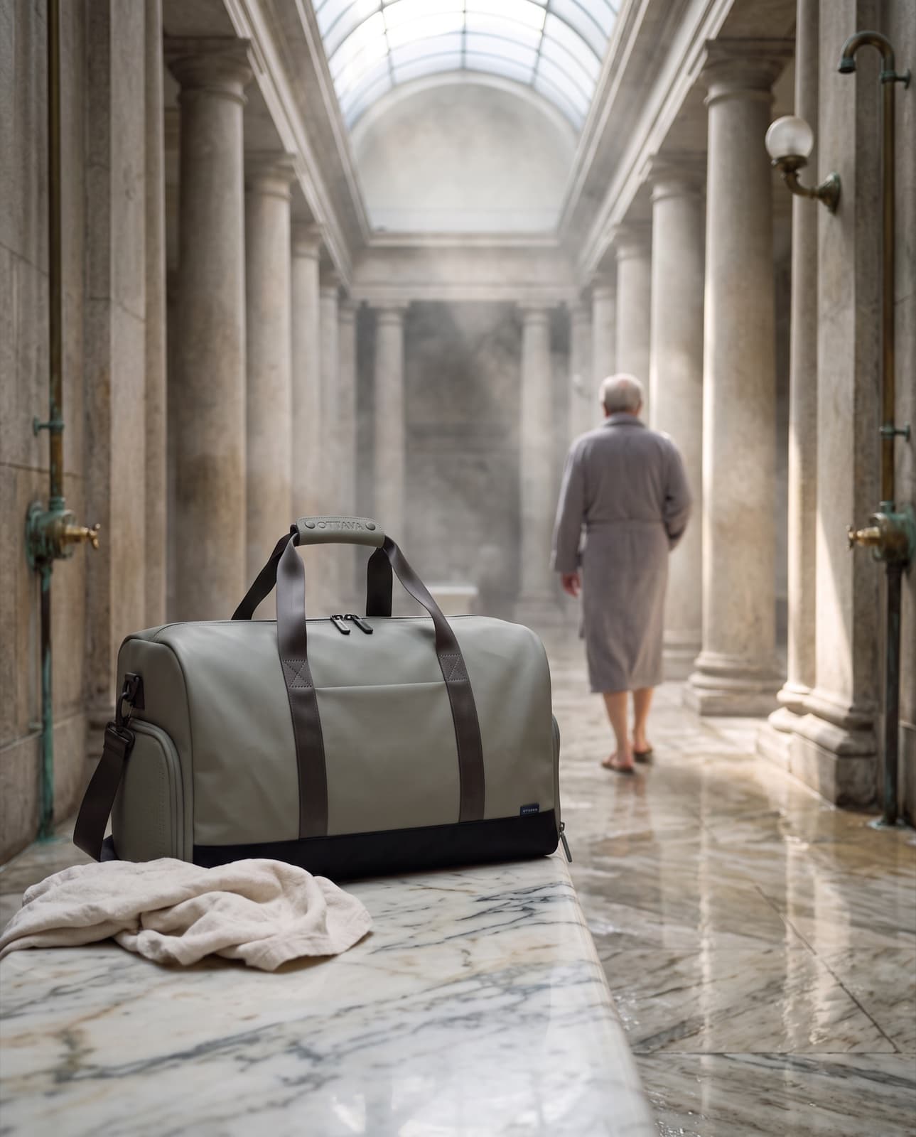 Duffel 40 on a marble bench in a historic Milanese bathhouse