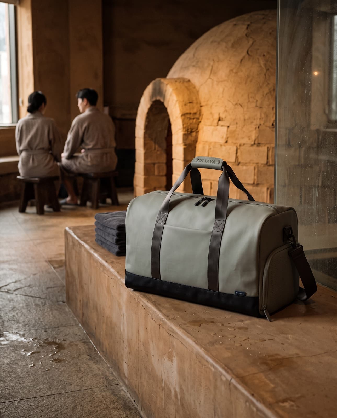 Duffel 40 on a stone ledge in a premium Seoul spa lounge